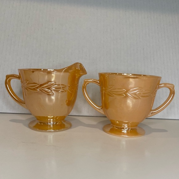 EUC Vtg Fire King Peach Lustreware Iridescent Cream Sugar Pair Laurel Pattern - Picture 2 of 13